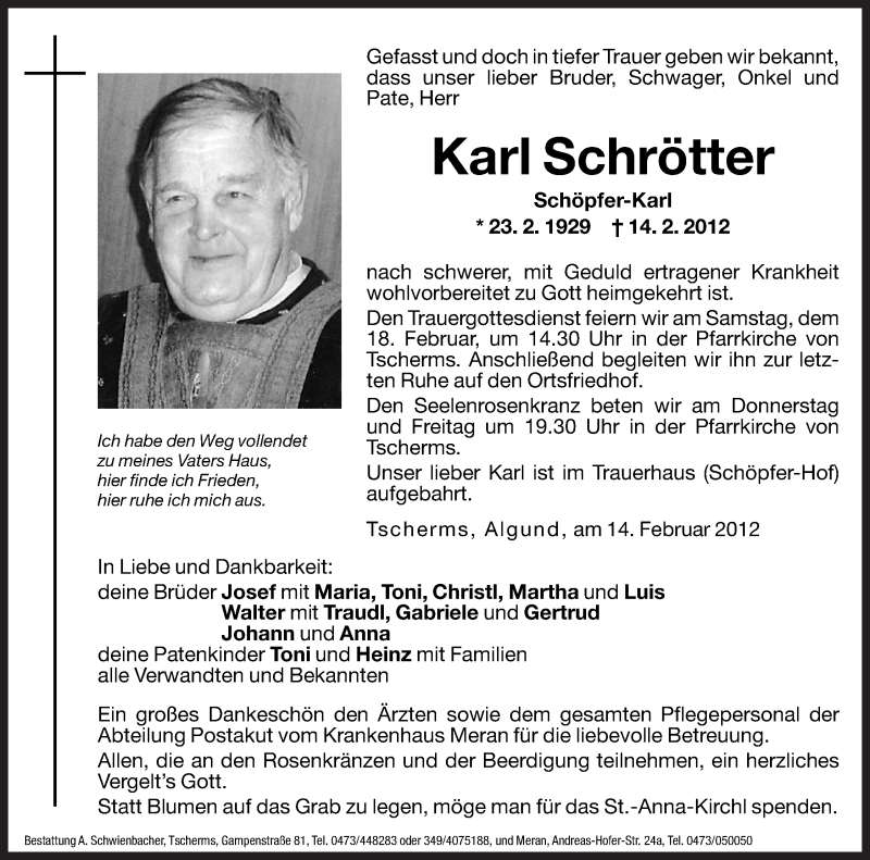  Traueranzeige für Karl Schrötter vom 16.02.2012 aus Dolomiten