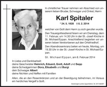 Traueranzeige von Karl Spitaler von Dolomiten