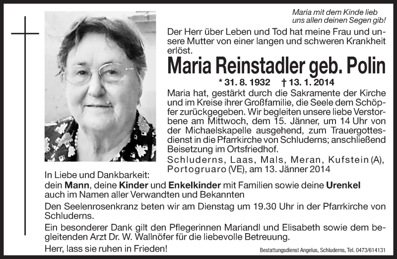  Traueranzeige für Maria Reinstadler vom 14.01.2014 aus Dolomiten