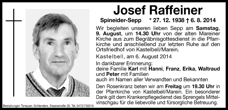  Traueranzeige für Josef Raffeiner vom 08.08.2014 aus Dolomiten