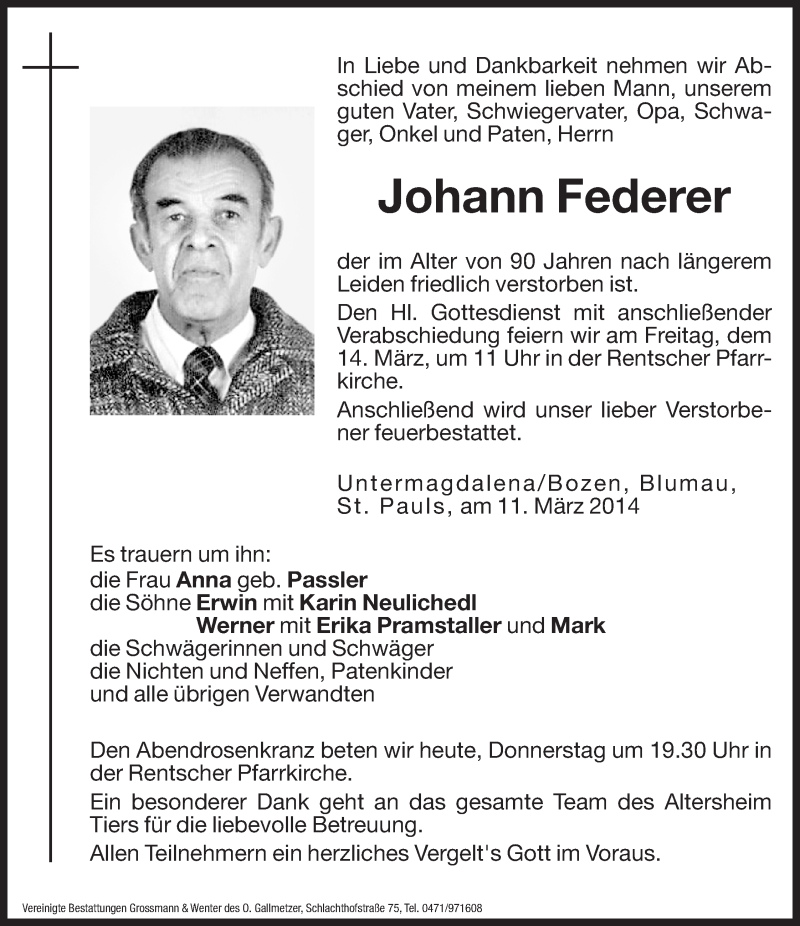  Traueranzeige für Johann Federer vom 13.03.2014 aus Dolomiten