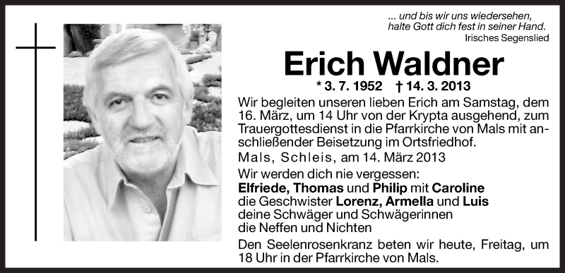  Traueranzeige für Erich Waldner vom 15.03.2013 aus Dolomiten