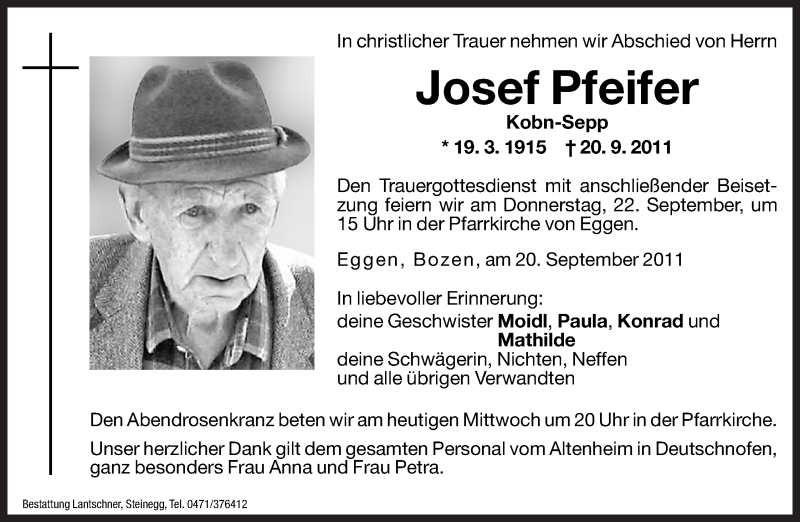  Traueranzeige für Josef Pfeifer vom 21.09.2011 aus Dolomiten