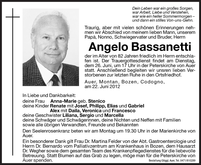  Traueranzeige für Angelo Bassanetti vom 25.06.2012 aus Dolomiten