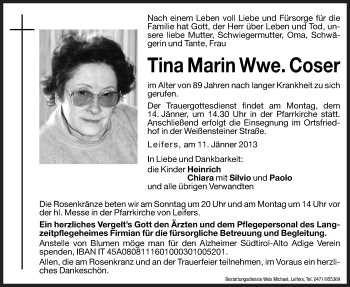 Traueranzeige von Tina Marin Coser von Dolomiten