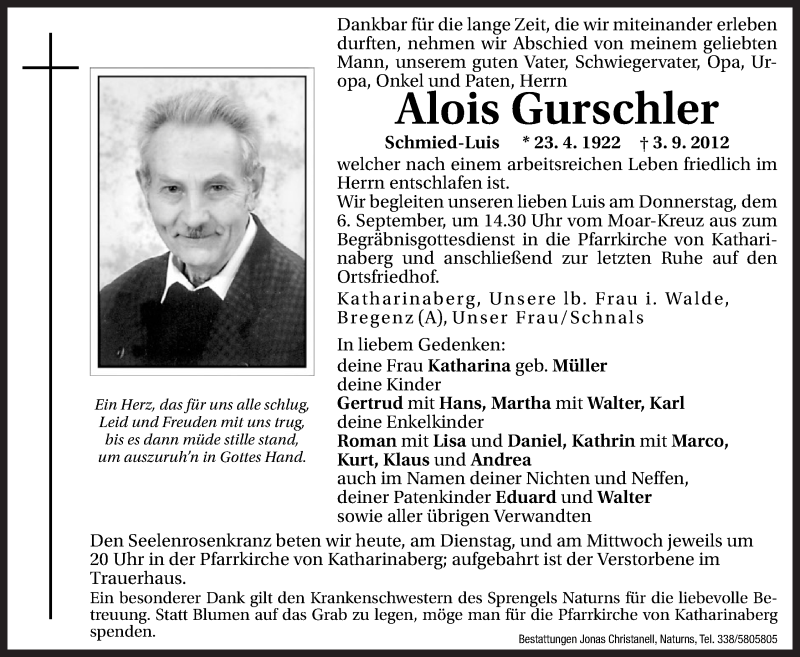  Traueranzeige für Alois Gurschler vom 04.09.2012 aus Dolomiten