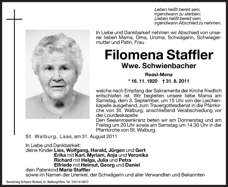  Traueranzeige für Filomena Schwienbacher vom 01.09.2011 aus Dolomiten