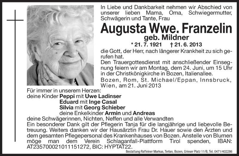  Traueranzeige für Augusta Franzelin vom 22.06.2013 aus Dolomiten