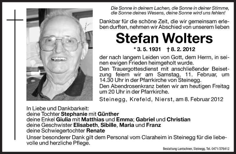  Traueranzeige für Stefan Wolters vom 10.02.2012 aus Dolomiten