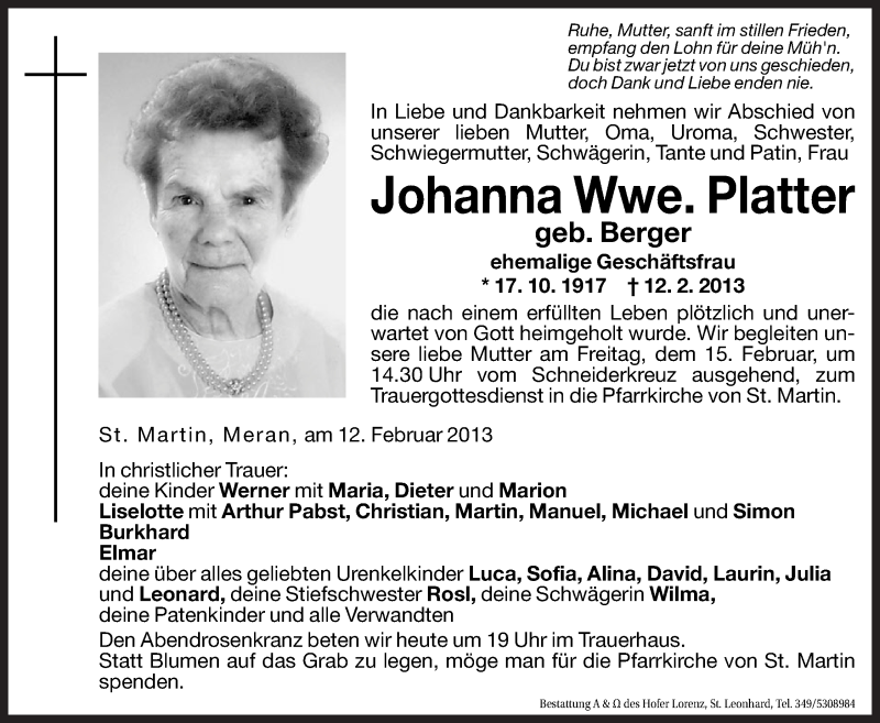  Traueranzeige für Johanna Platter vom 14.02.2013 aus Dolomiten