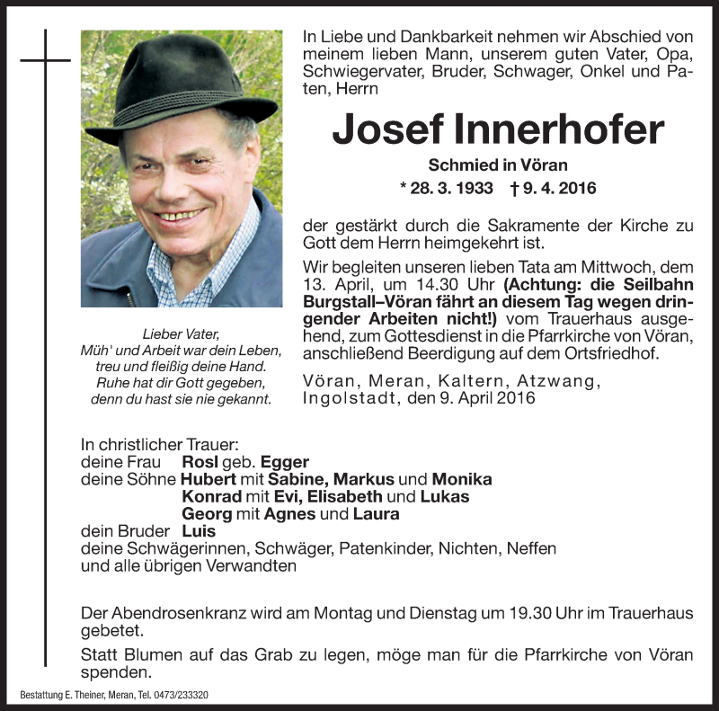  Traueranzeige für Josef Innerhofer vom 11.04.2016 aus Dolomiten