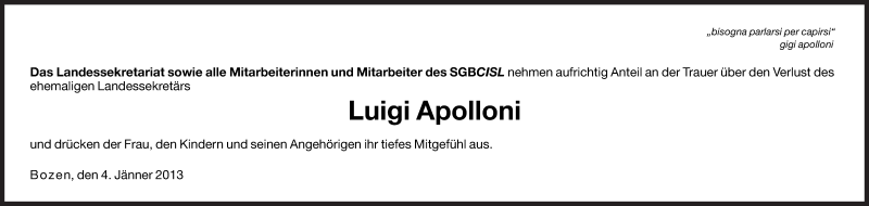  Traueranzeige für Luigi Apolloni vom 05.01.2013 aus Dolomiten