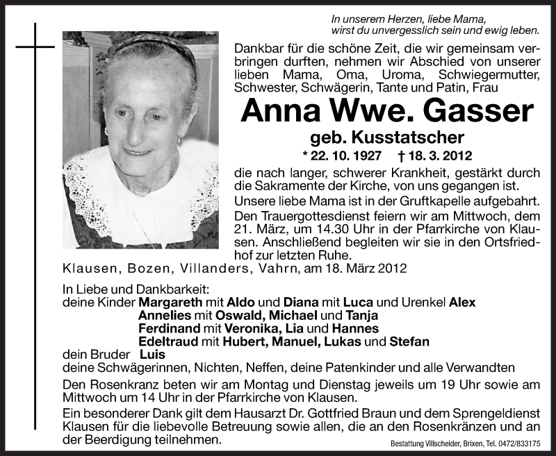  Traueranzeige für Anna Gasser vom 19.03.2012 aus Dolomiten