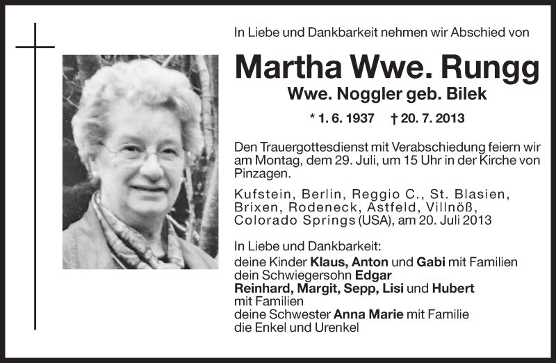  Traueranzeige für Martha Rungg vom 26.07.2013 aus Dolomiten