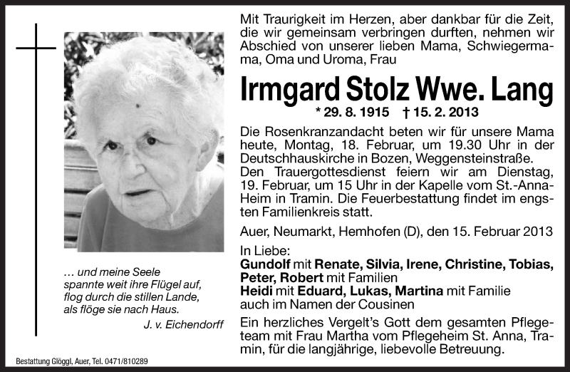  Traueranzeige für Irmgard Lang vom 18.02.2013 aus Dolomiten