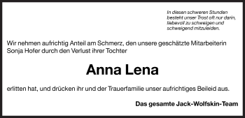 Traueranzeige von Anna Lena Hofer von Dolomiten