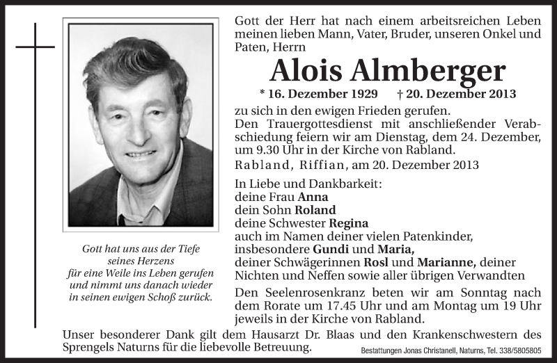  Traueranzeige für Alois Almberger vom 21.12.2013 aus Dolomiten