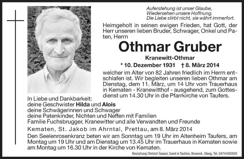  Traueranzeige für Othmar Gruber vom 10.03.2014 aus Dolomiten