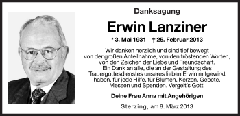 Traueranzeige von Erwin Lanziner von Dolomiten