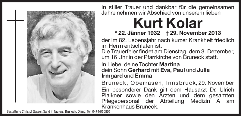  Traueranzeige für Kurt Kolar vom 02.12.2013 aus Dolomiten