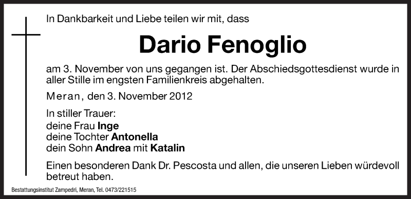  Traueranzeige für Dario Fenoglio vom 07.11.2012 aus Dolomiten