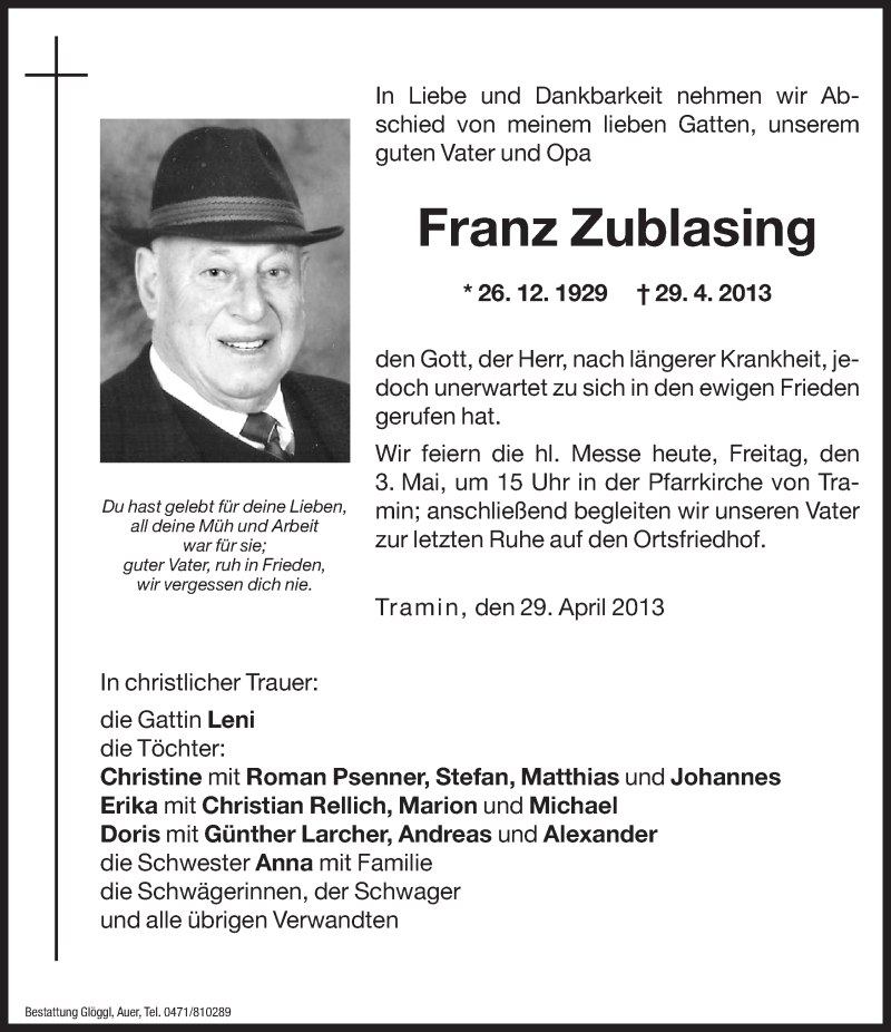  Traueranzeige für Franz Zublasing vom 03.05.2013 aus Dolomiten