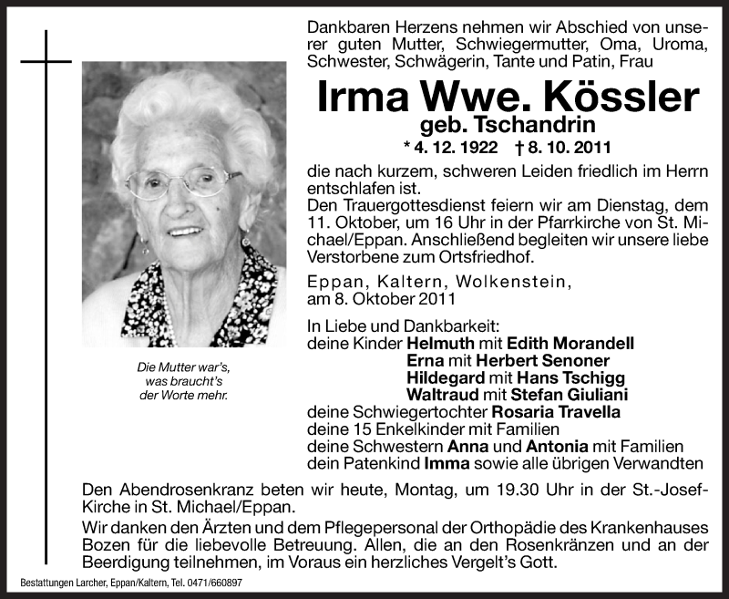  Traueranzeige für Irma Kössler vom 10.10.2011 aus Dolomiten