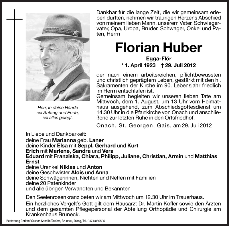  Traueranzeige für Florian Huber vom 01.08.2012 aus Dolomiten