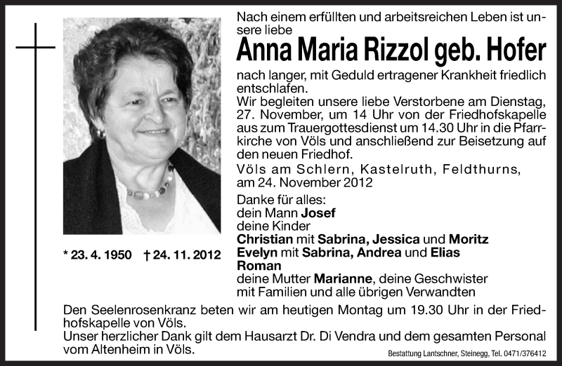  Traueranzeige für Anna Maria Rizzol vom 26.11.2012 aus Dolomiten