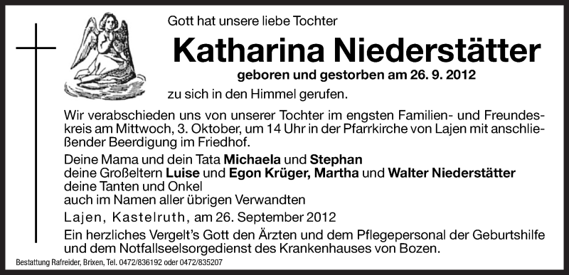  Traueranzeige für Katharina Niederstätter vom 02.10.2012 aus Dolomiten