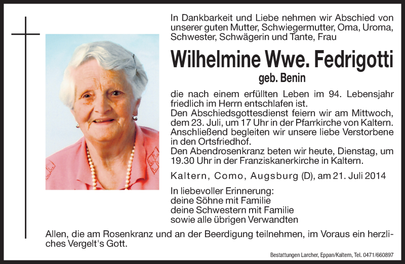  Traueranzeige für Wilhelmine Fedrigotti vom 22.07.2014 aus Dolomiten