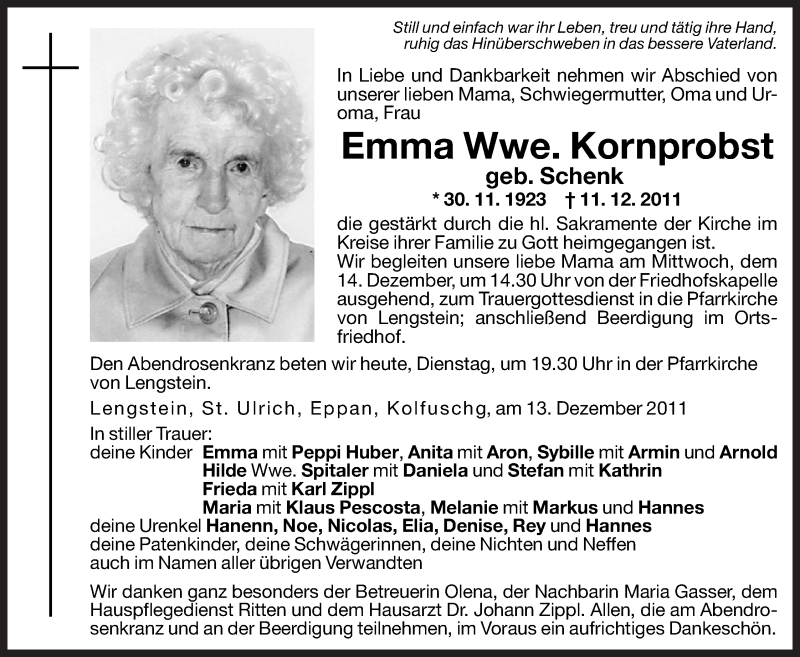  Traueranzeige für Emma Kornprobst vom 13.12.2011 aus Dolomiten