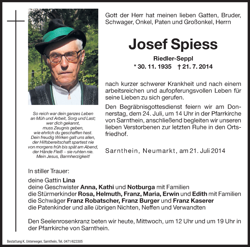  Traueranzeige für Josef Spiess vom 23.07.2014 aus Dolomiten