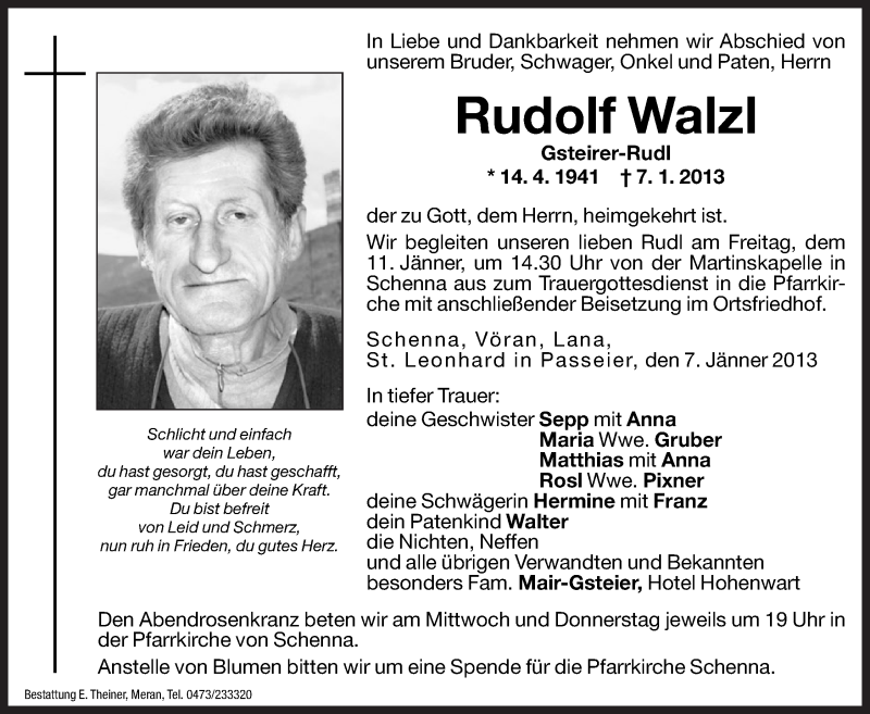  Traueranzeige für Rudolf Walzl vom 09.01.2013 aus Dolomiten