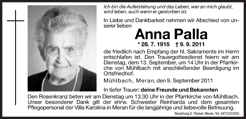  Traueranzeige für Anna Palla vom 12.09.2011 aus Dolomiten