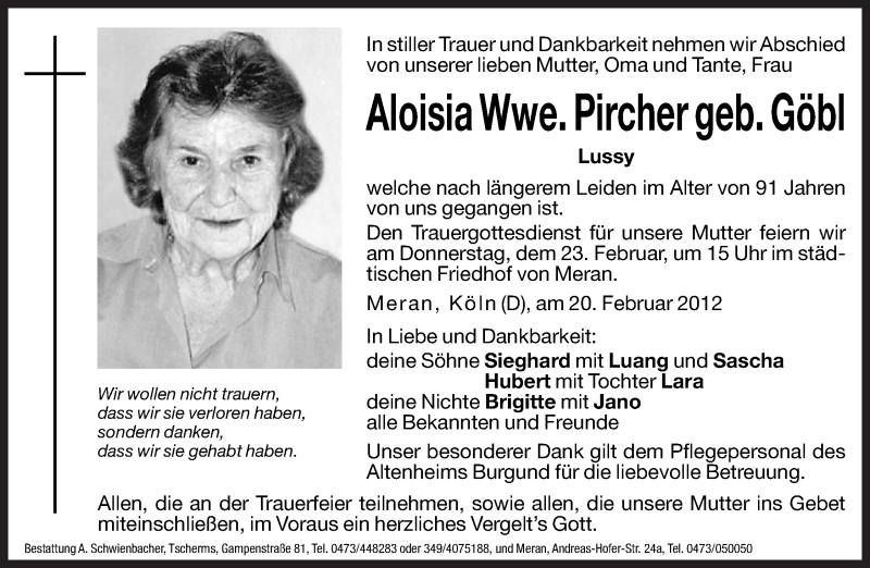  Traueranzeige für Aloisia Pircher vom 21.02.2012 aus Dolomiten