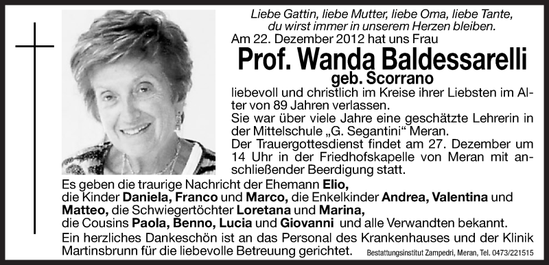  Traueranzeige für Wanda Baldessarelli vom 24.12.2012 aus Dolomiten