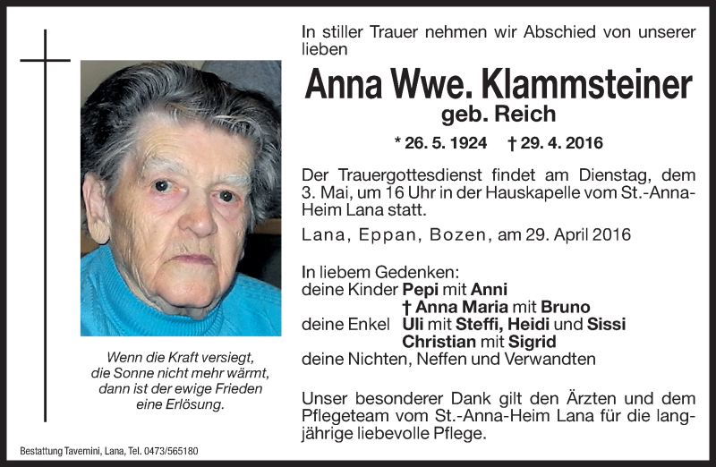  Traueranzeige für Anna Klammsteiner vom 30.04.2016 aus Dolomiten