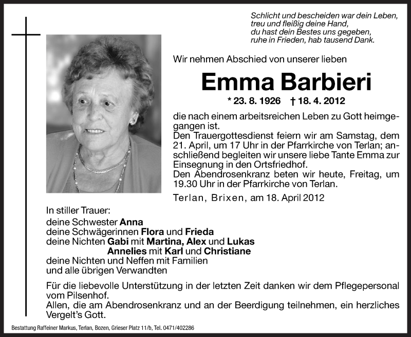  Traueranzeige für Emma Barbieri vom 20.04.2012 aus Dolomiten