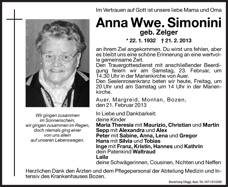  Traueranzeige für Anna Zelger vom 22.02.2013 aus Dolomiten