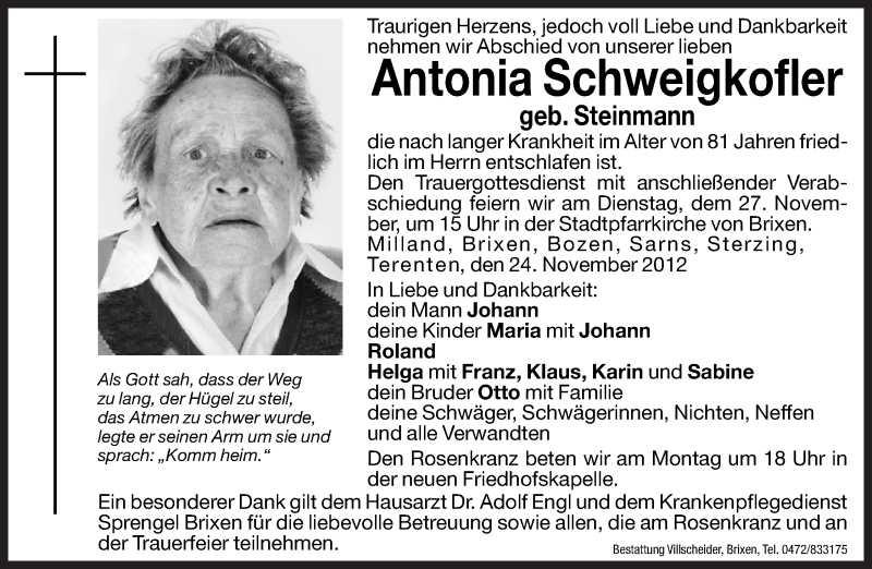  Traueranzeige für Antonia Schweigkofler vom 26.11.2012 aus Dolomiten