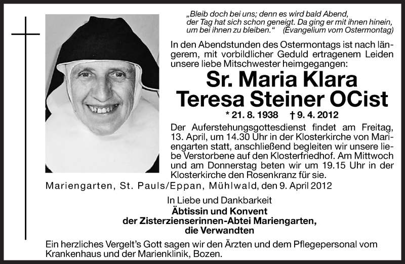  Traueranzeige für Maria Klara Teresa Steiner vom 11.04.2012 aus Dolomiten