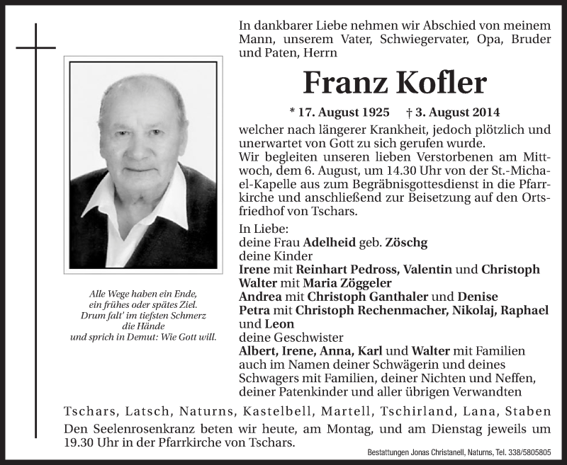  Traueranzeige für Franz Kofler vom 04.08.2014 aus Dolomiten