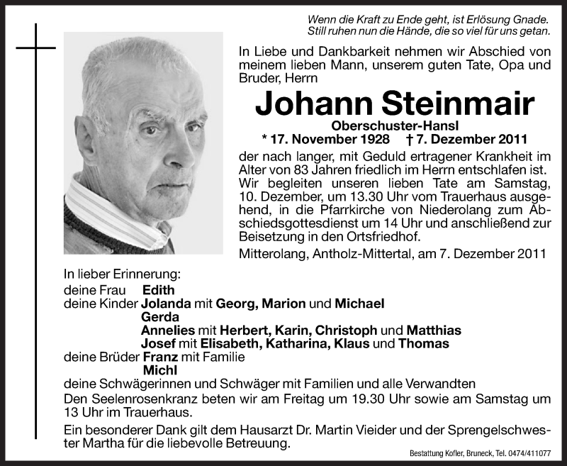  Traueranzeige für Johann Steinmair vom 09.12.2011 aus Dolomiten