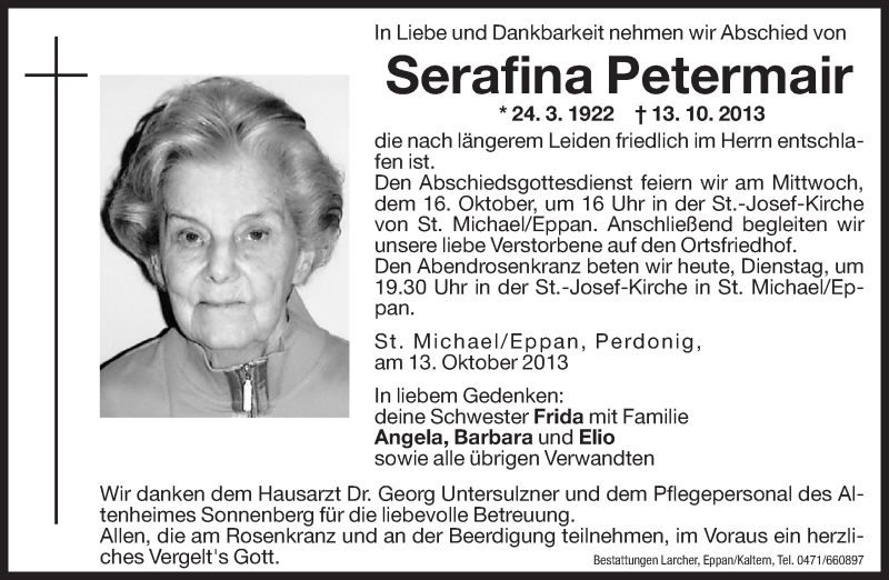  Traueranzeige für Serafina Petermair vom 15.10.2013 aus Dolomiten