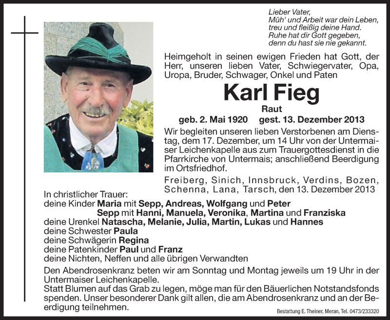  Traueranzeige für Karl Fieg vom 16.12.2013 aus Dolomiten