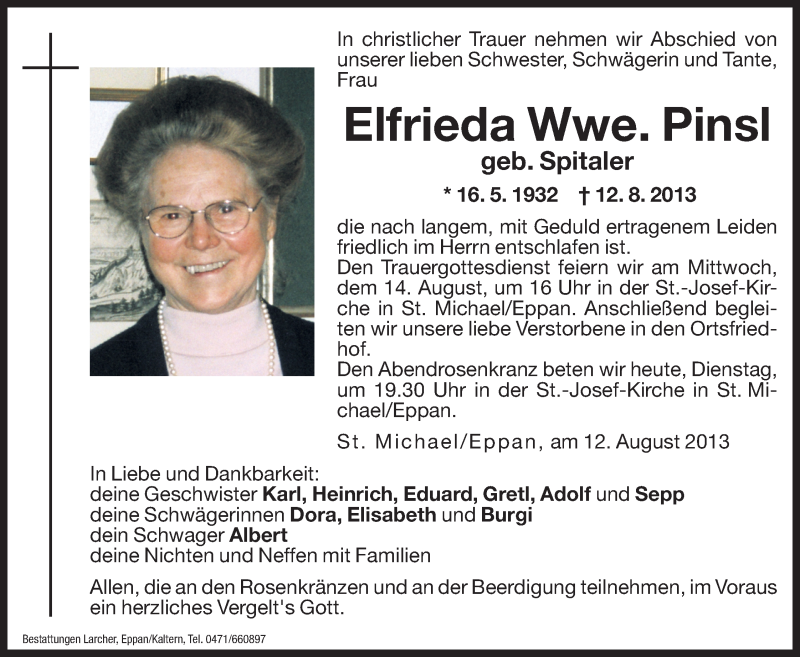  Traueranzeige für Elfrieda Pinsl vom 13.08.2013 aus Dolomiten