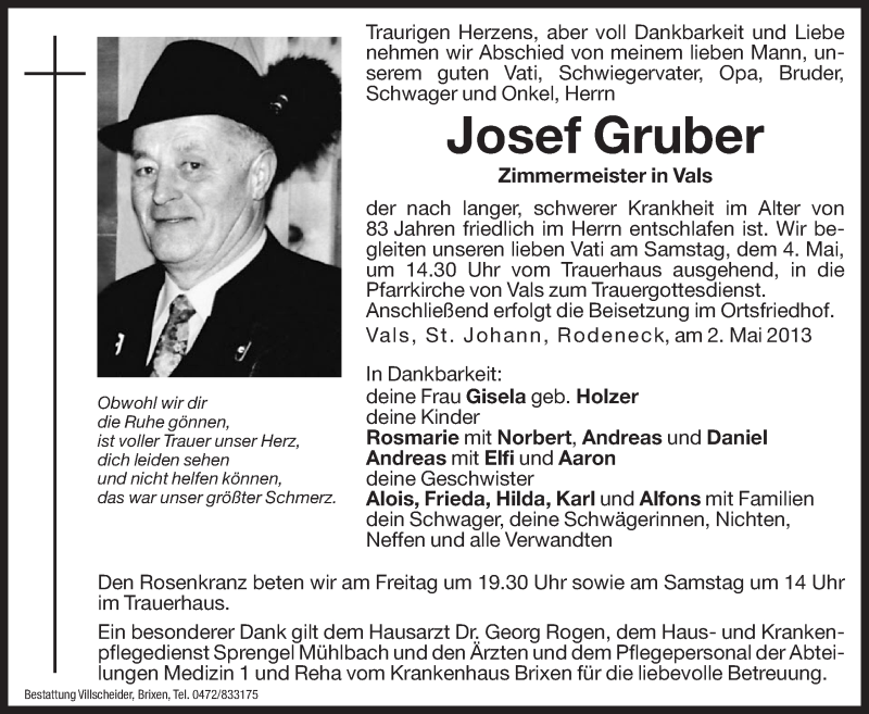  Traueranzeige für Josef Gruber vom 03.05.2013 aus Dolomiten