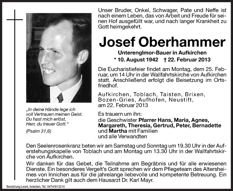  Traueranzeige für Josef Oberhammer vom 23.02.2013 aus Dolomiten