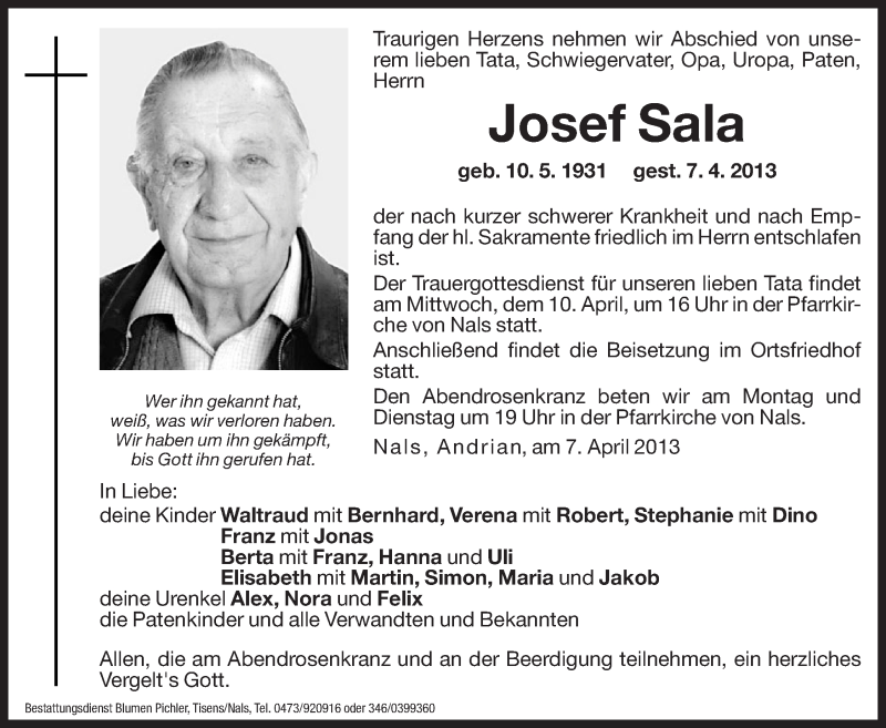  Traueranzeige für Josef Sala vom 08.04.2013 aus Dolomiten